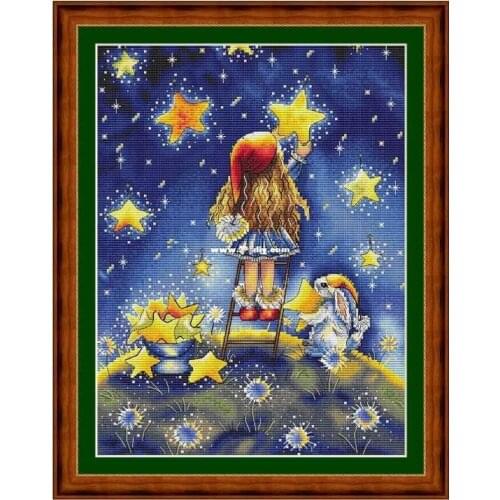 Modern Embroidery The Girl Reached for The Stars Cross Stitch Pattern Kits with 100% Cotton Floss & Free Shipping for Wall Decor