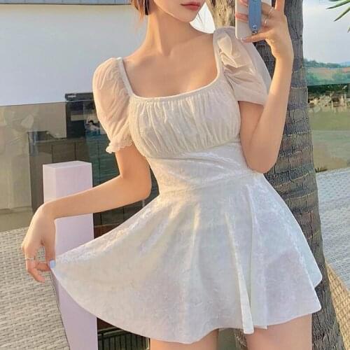 2021 New Korean Style Womens Swimsuit One Piece Solid Square-Cut Collar Puff Sleeve Back Bow Lady Skirt Swimming Suit