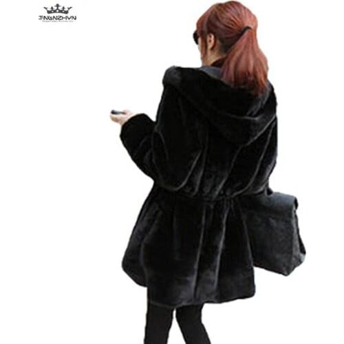 New Winter Two-sided Wearing Faux Fur Coat Female Medium long Hooded Slim Cashmere Plush Coat Plus size Women Warm Faux Fur Coat