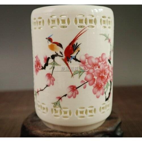 Ancient porcelain flower and bird hollow pen holder porcelain pen holder study utensils decoration