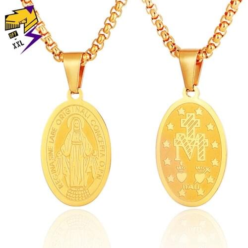 Blessed Virgin Mary Necklace Gold Stainless Steel Link Chains Necklaces Mother of Jesus Christian Cross Pendant Necklace Women