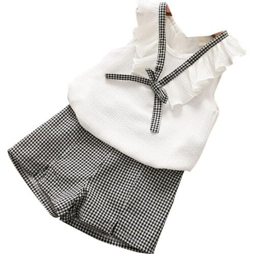 Pudcoco 2PCS Summer Newborn Baby Girl Clothes Set Chiffon Ruffle Sleeveless Tops Shirt + Plaid shorts Kids Outfits 3-8Y