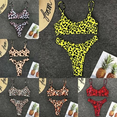 Sexy Womens Leopard Print Push-Up Padded Bra High Waist Panties Tankini Set Swimwear Swimsuit Beach Bathing Two-Piece Suits