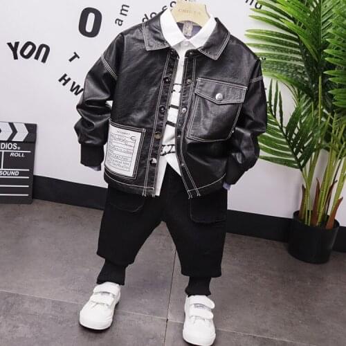 Toddler Tracksuit Autumn Baby Clothing Sets Children Boys Fashion Brand Clothes Kids PU Jacket,Shirts and Jeans 3 Pcs Suits