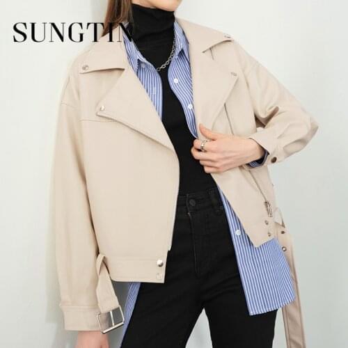 Sungtin Women Loose Pu Leather Jacket with Belt Faux Leather Jacket Street Moto Biker Leather Coat Jacket Lady Casual Outerwear