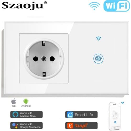 Szaoju Tuya Smart Wifi Touch Switch 1/2/3 gang Touch Light Switch With EU Wall Socket Crystal Glass Panel Alexa Google Home