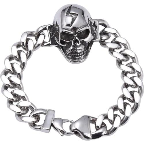 Domineering Men Punk Jewelry 13mm Stainless Steel Curb Cuban Link Chain Skull Bracelets Fashion Wristband Accessories GS0015