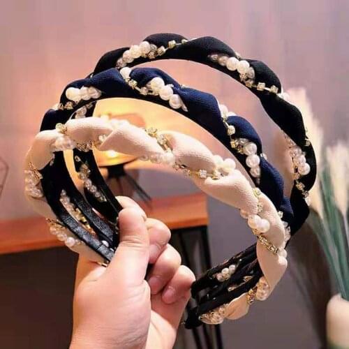 1PC Hot style hot sale lady sweet and simple imitation pearl inlay drill wave shape cloth art hair band rate pressure hair band