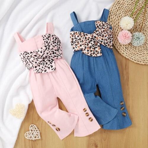 FOCUSNORM 0-3Y Summer Lovely Baby Girls Jumpsuits Leopard Printed Strap Sleeveless Elastic Waist Flare Pants Romper