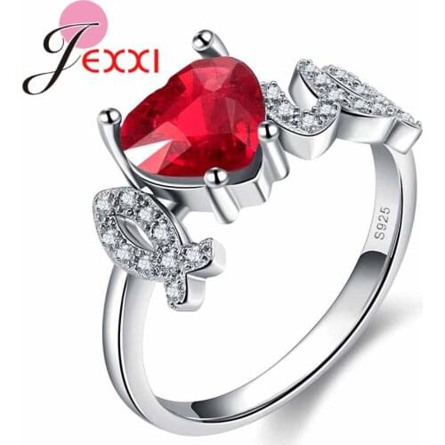 100% Ture Love Sweet Red Heart Crystal Ring Elegent Women Lover New Year Gift 925 Sterling Silver Wedding Bridal Jewelry