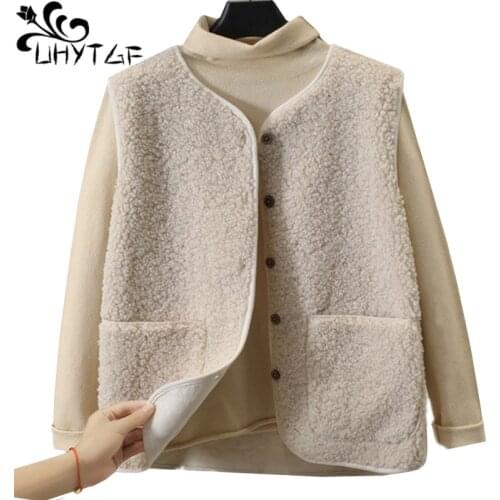 UHYTGF Quality lambswool Plush winter Vest women fashion single-breasted O neck short vest waistcoat women sleeveless jacket 989