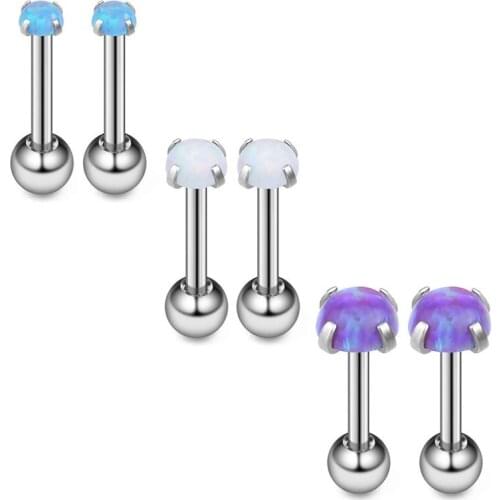 18G Opal Externally Threaded Stainless Steel Tragus Earrings for Women Helix Earring Stud Body Jewelry Piercing Set 2-4mm 3Pairs