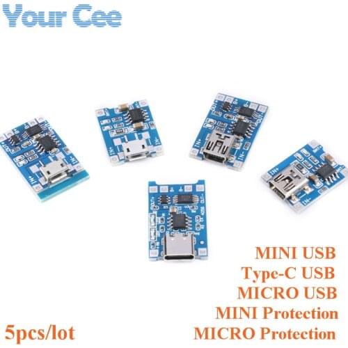 5pcs Type-C/Micro USB 5V 1A 18650 TP4056 Lithium Battery Charger Module Charging Board With Protection Dual Functions 1A Li-ion