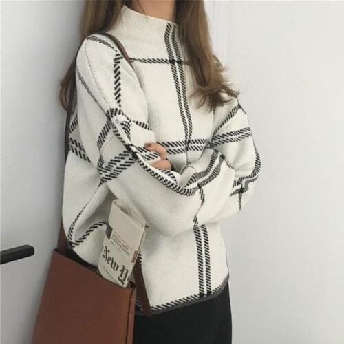60% Dropshipping!!Women Korean Plaid Sweater All-match Half High Neck Pullover Simple Loose Blouse