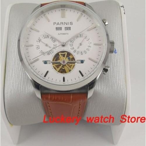 Parnis 43mm Automatic mechanical watches white dial year month week date Multifunction Automatic mens watch PA123