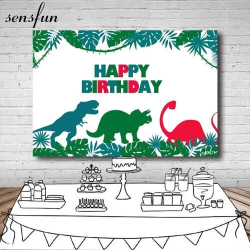 Sensfun Cartoon Dinosaur Party Backdrops For Photo Studio Green Leaves Red White Theme Kids Birthday Photography Backgrounds