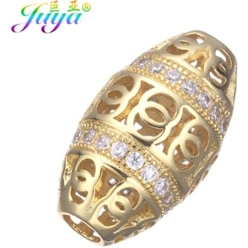 Juya DIY Beadwork Jewelry Beads Supplies Handmade Hollow Oval Bead Copper CZ Beads For Natural Stones Beading Jewelry Making