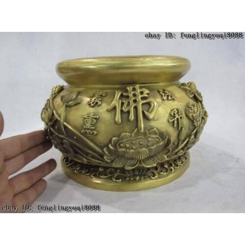 Chinese Brass Copper lotus flower leaf root Buddha Bowl Incense burner Censer