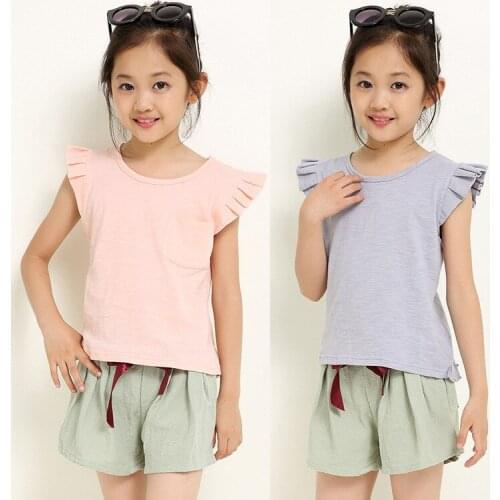 2019 summer kids clothes sets Girls Butterfly Short sleeve+Shorts pants Suit Solid color Toddler tees tops Childrens clothing