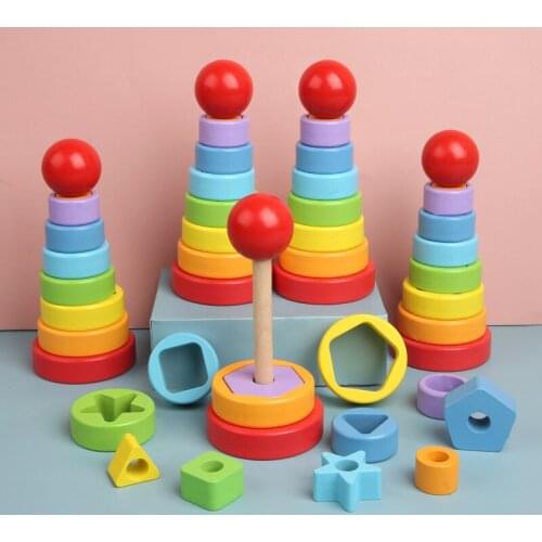 Wooden Seven-color Tower Tower Rainbow Tower Stacked Circle Building Blocks Young Childrens Educational Toys
