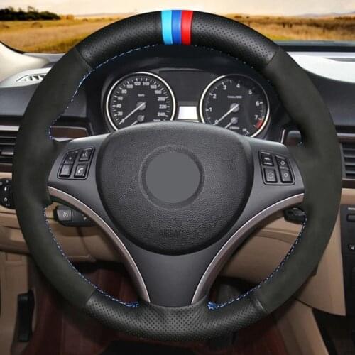 Car Steering Wheel Cover Hand-Stitched Black Genuine Leather Suede Soft For BMW E90 320i 325i 330i 335i E87 120i 120d