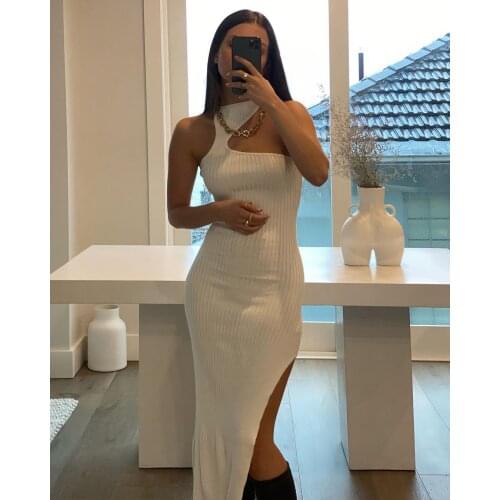Summer White Sexy Off Shoulder Knitted Ribbed Dress Women Halter Cut-out Bodycon Sheath Midi Dresses Female Midi Sundress Vestid