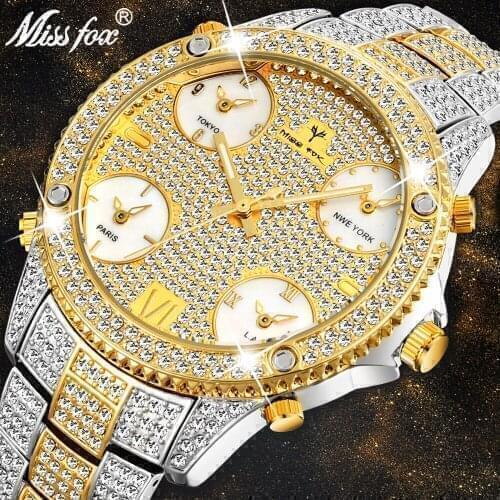 MISSFOX 51MM Oversized Mens Luxury Watch 5 Time Zones Full Paved White Diamond Watch Men Designed For Sophisticated Timepieces