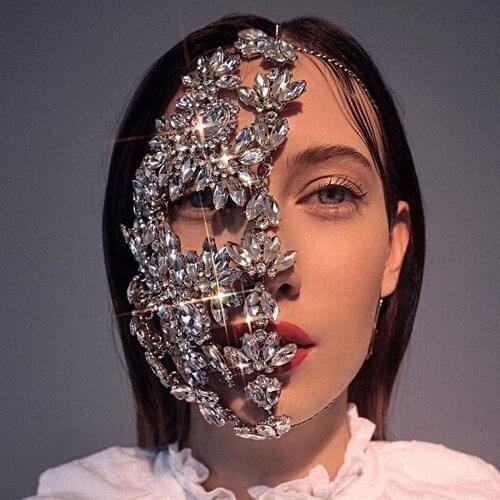 Fashion Halloween Half Face Mask Rhinestone Jewelry for Women Bling Silver Color Leaf Facemask Crystal Dance Jewelry