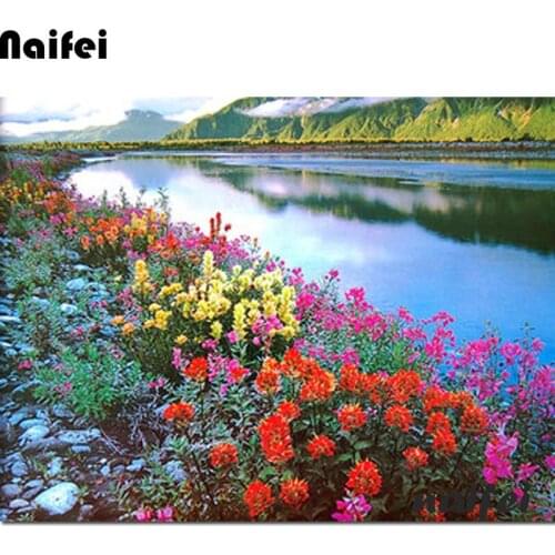 DIY colorful flower field Diamond Painting river bank scenery Diamond Mosaic Cross Stitch Diamond Embroidery Full square drill