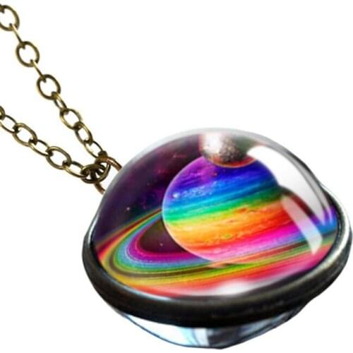 Men Women Planet Glass Luminous Double-Sided Retro Pendant Necklace Galaxy Nebula Cosmic Art Picture Jewelry