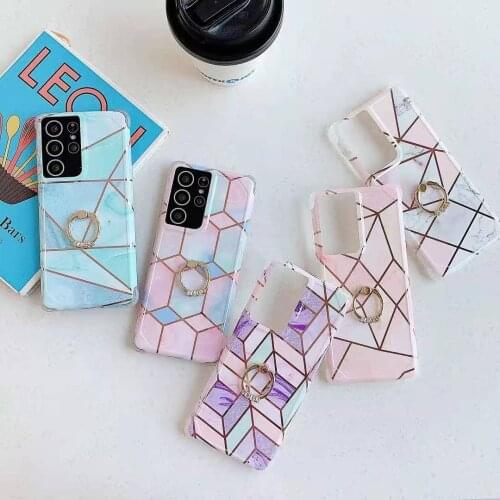 Plated Geometric Marble Phone Case For Samsung Galaxy S21 A42 5G Note 20 Ultra S20 Plus A51 A71 Finger Ring Case Soft Back Cover