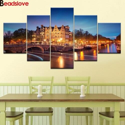 Full square round diamond embroidery 5 Piece netherlands Amsterdam nightscape diamond painting 5d diy diamond mosaic sale arts