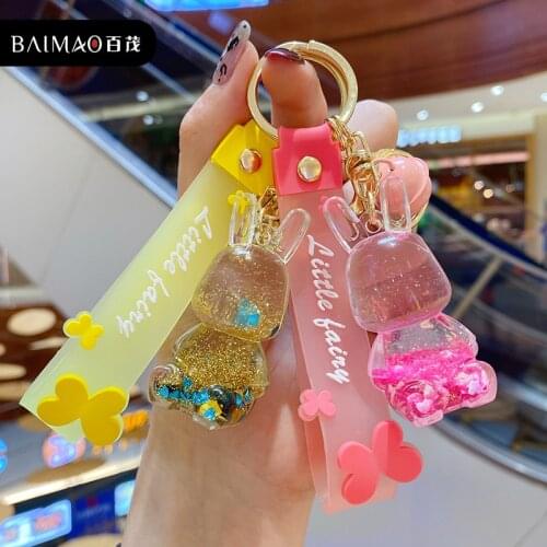 Factory Direct Sales of 2021 New Trend Liquid Into Oil Rabbit Keychain Cute Fun Girl Heart Pink Rabbit Bag Pendant Creative Gift