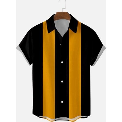 2021 Summer Light Bowling Shirts Men Casual Vertical Striped Printed Shirts Lapel Short Sleeve Blouse Tops Button Up Shirt