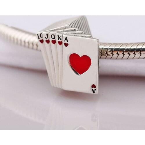 S925 Silver Beads Charm fit Lady Bracelets Bangle Playing Cards Charm Red & Black Enamel DIY Jewelry