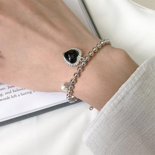 925 Sterling Silver Black Heart Bracelet for Women Pearl Adjustable Bead Chain Bracelet Jewelry