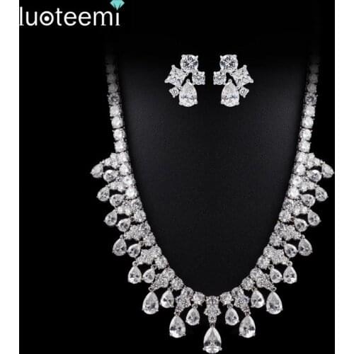 LUOTEEMI Tops Fashion Women Beautiful Clear Waterdrop Cubic Zirconia for Luxury Quality Wedding CZ Jewelry Sets