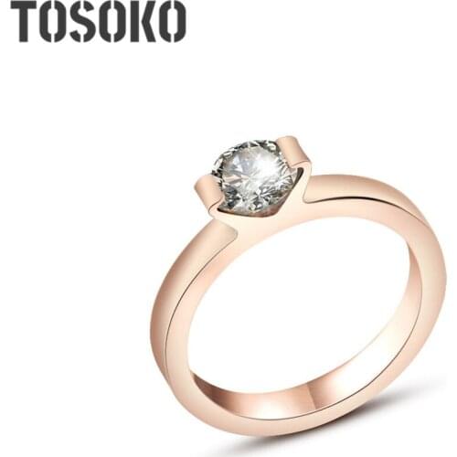 TOSOKO Stainless Steel Jewelry Simple Single Zircon Fashion Ring For Women BSA002