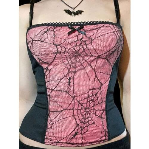 InsGoth Vintage Spider Net Mesh Pink Camis Goth Grunge Bodycon Backless Camisole Aesthetic Bow Patchwork Summer Basic Tops