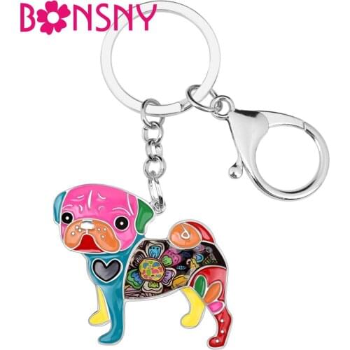 Bonsny Enamel Pug Dog Key Chains For Women bag Pendant Keychain Key Ring Car Accessories 2018 New Charms Fashion Jewelry Gifts