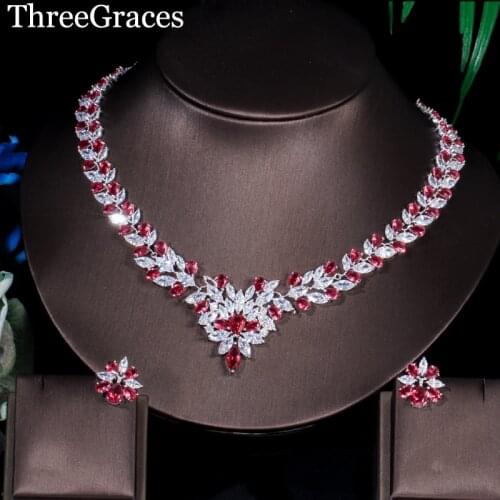 ThreeGraces White Gold Color Marquise Shape Red Zirconia Stones Big Flower Statement Necklace Sets For Women Party Jewelry JS106