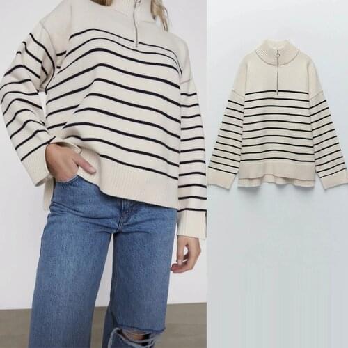 Za Women Sweater Turtleneck Patchwork Knitting Sweater Casual Chic Pullovers Tops Neckline Zippers Female Long Sleeve Striped