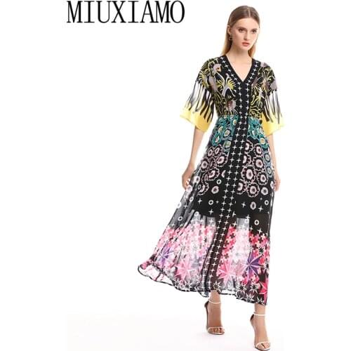 MIUXIMAO 2019 Spring&Summer Long Dress New Arrival Fashion V-Neck Full Sleeve Star Print Ankle-Length Dress Women vestido