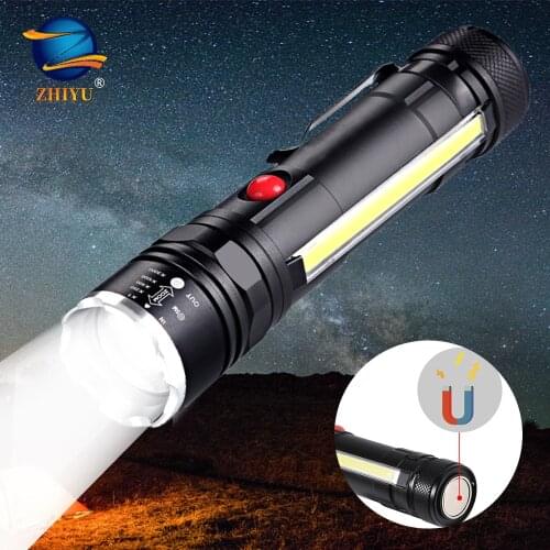 ZHIYU Bright Light LED Flashlight Rechargeable Long Shot Zoom Super Bright Mini LED Torch USB Interface COB Magnet Work Lamp