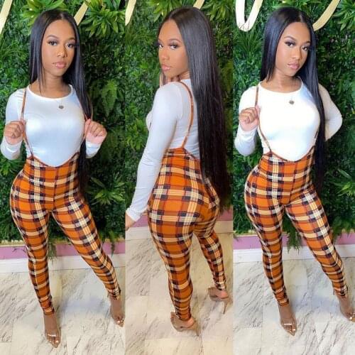 ZKYZWX Slim Two Piece Set for Women White Long Sleeve T Shirt Spring Fashion Sling Plaid Jumpsuits Streetwear Club Matching Sets