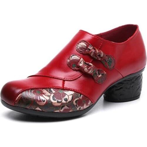 2020 Autumn New Classic Retro Women Casual Shoes Non-slip Wear High Heel Shoes Fashion Round Head Print Genuine Leather Shoes