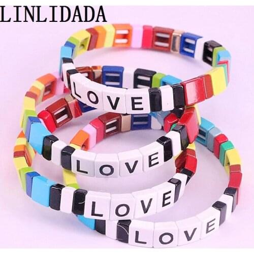 4Pcs Boho Rainbow Enamel Tile Bracelet Women Stretch 2019 Letter Bracelets Colorful Fashion Jewelry