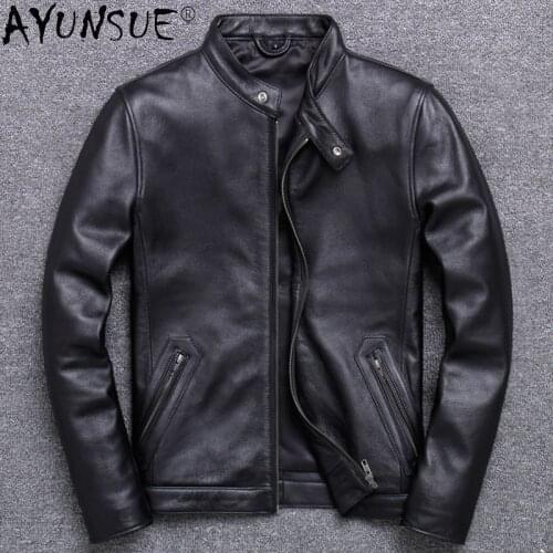 AYUNSUE 2021 Autumn Genuine Cowhide Leather Jacket Male Sheepskin Leather Jackets New Black Thin Mens Clothing Jaquetas Gmm35