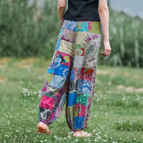 Ethnic Style Womens Pants Patchwork Stitching Drawstring Waist Bloomers Holiday Travel Casual Pants Summer Pants Woman