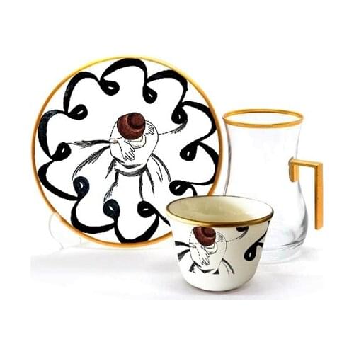 Drop Efe Handled Tea & Arabian Coffee Cup Set 18 Pieces Whirling Dervish